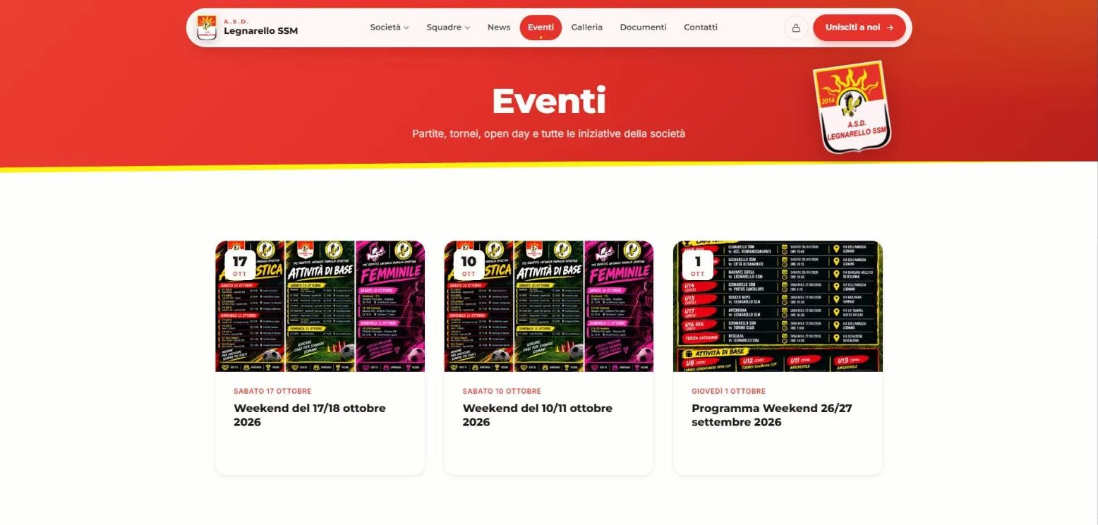 Pagina eventi con i programmi del weekend