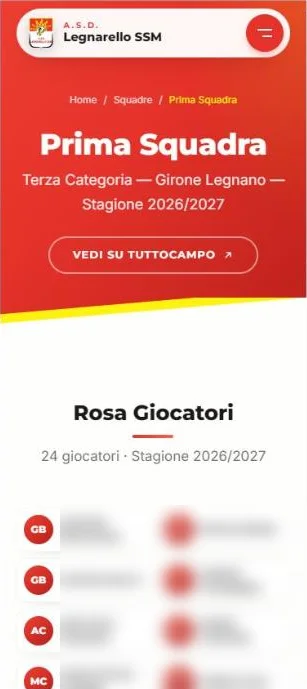 Pagina squadra da smartphone